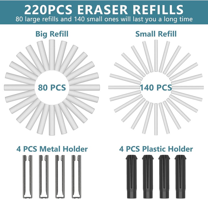 Foyucool Electric Eraser, Battery Operated Automatic Pencil Eraser with 220 Erasers Refills, 2 Erasers Sizes, Comfort Grip Art-Eraser for Drawing, Ideal for Artists, Students, Sketch, Engineers, Blue - Image 5